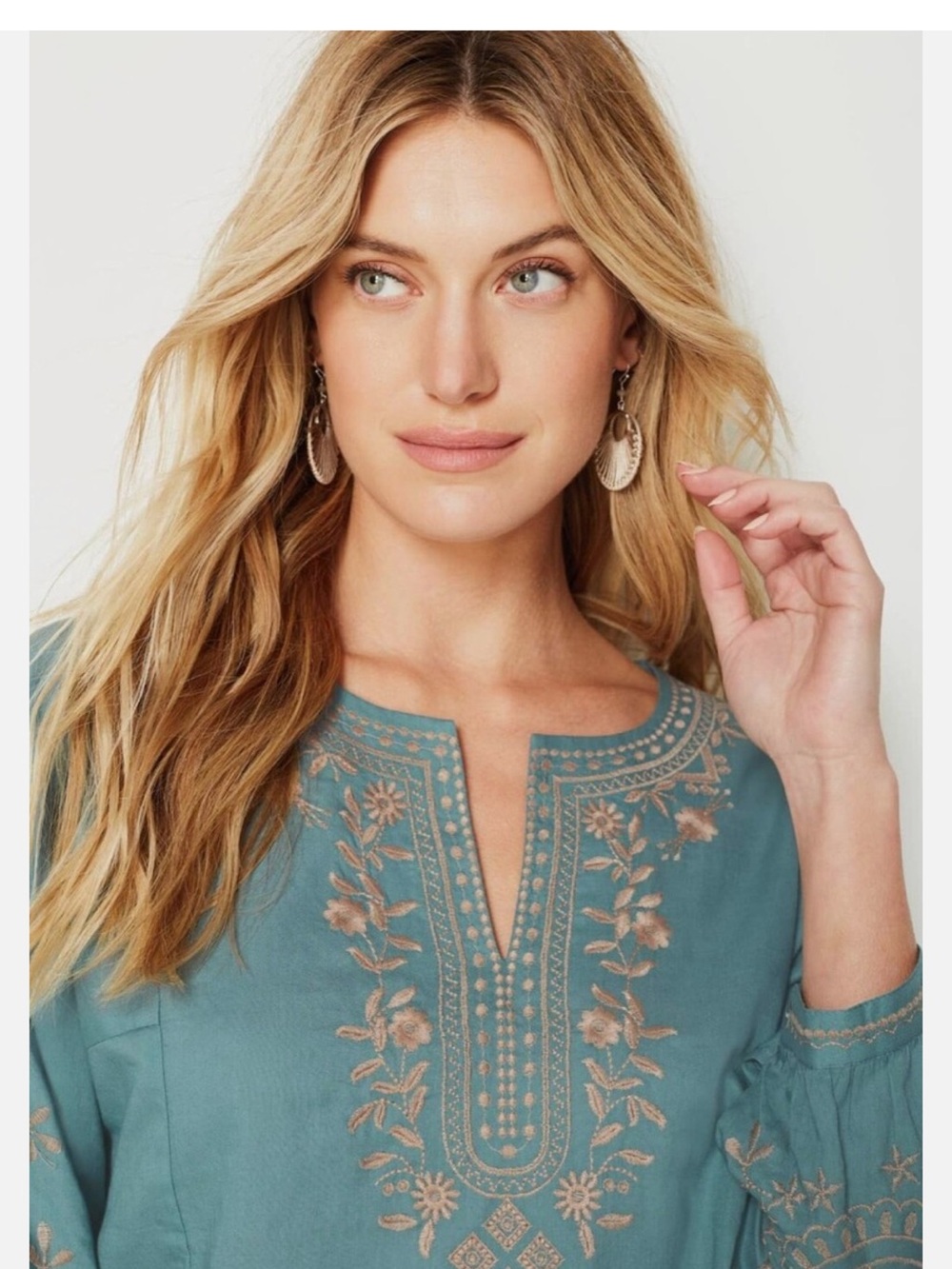 J. Jill Teal Embroidered V-Neck Tunic - Picture 3 of 7